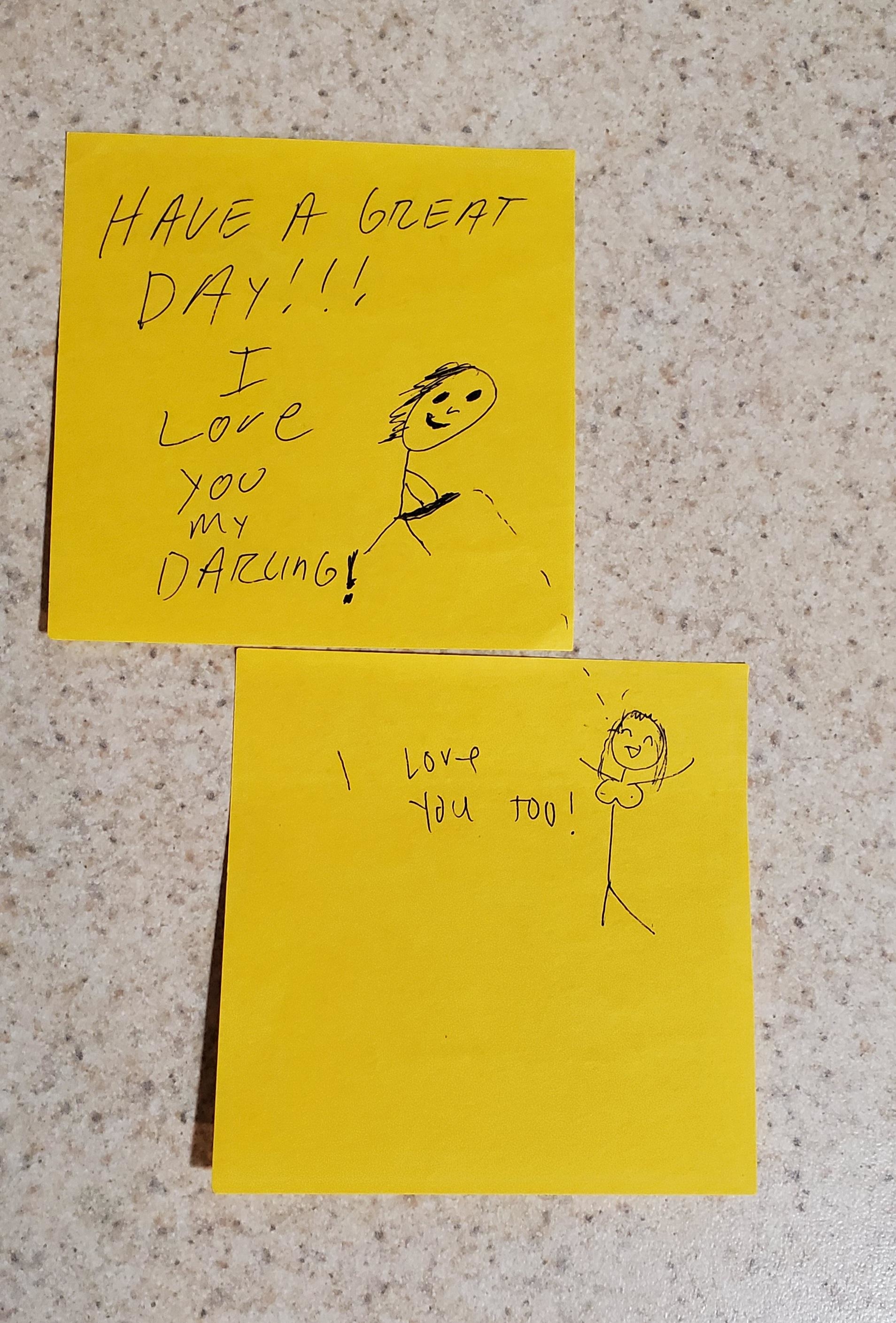 Two yellow sticky notes with hand-drawn messages: "Have a great day!!! I love you my darling!" with a stick figure and "I love you too!" with another stick figure