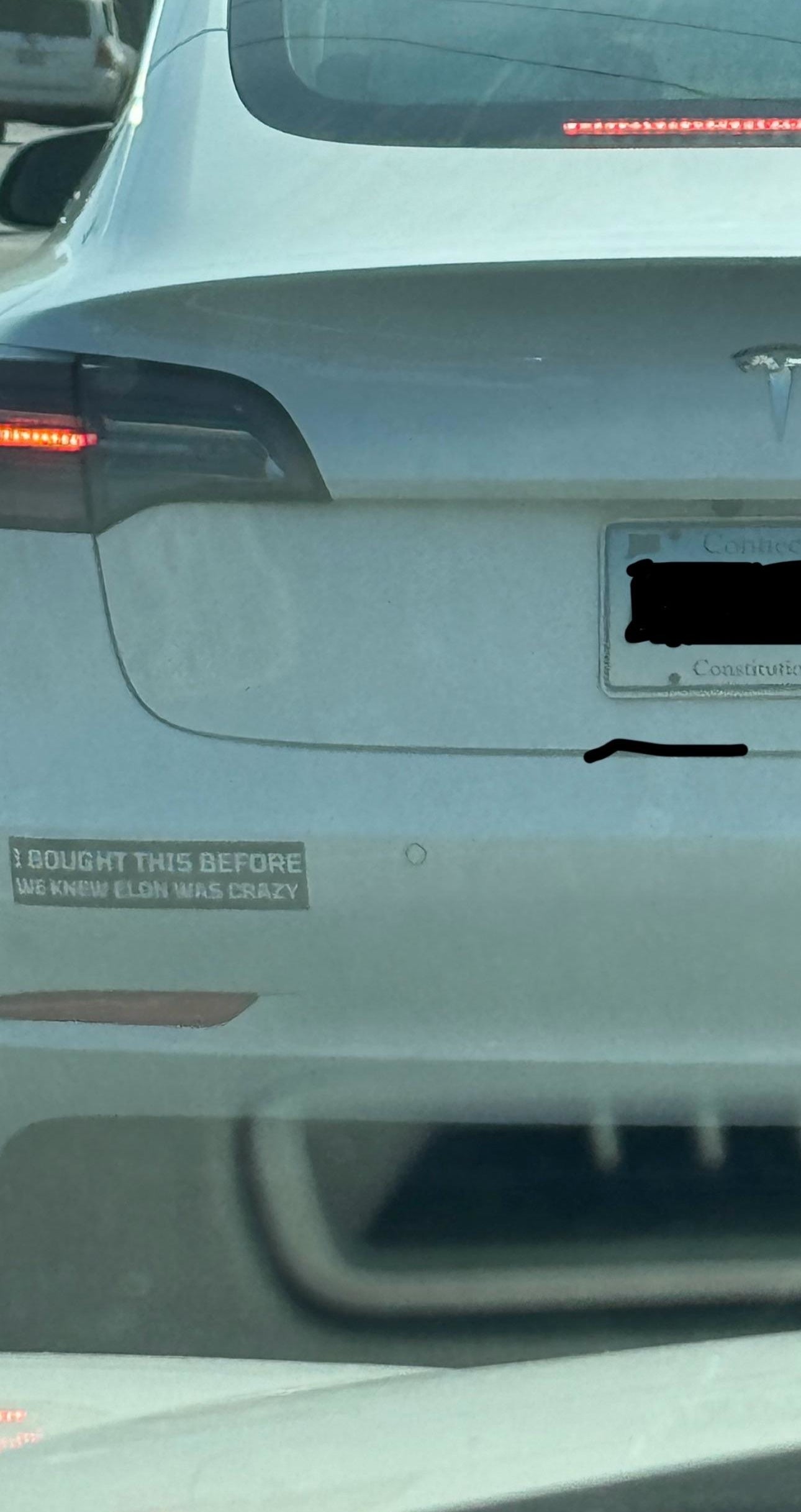 Rear view of a Tesla with a bumper sticker that reads, "I bought this before we knew Elon was crazy."