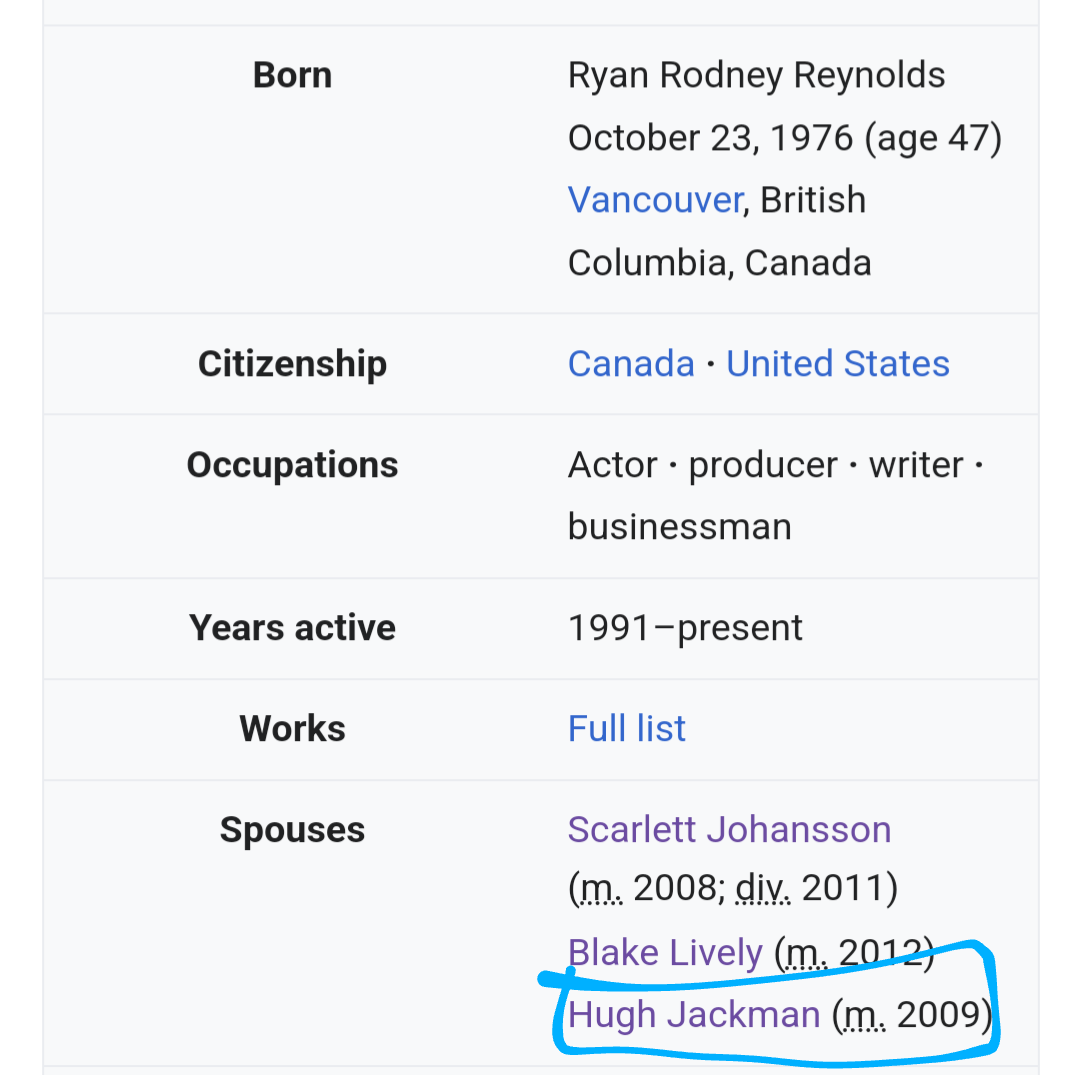 Ryan Reynolds smiling in a 2018 portrait. Text below includes biographical details such as birthdate, place of birth, profession, and list of spouses