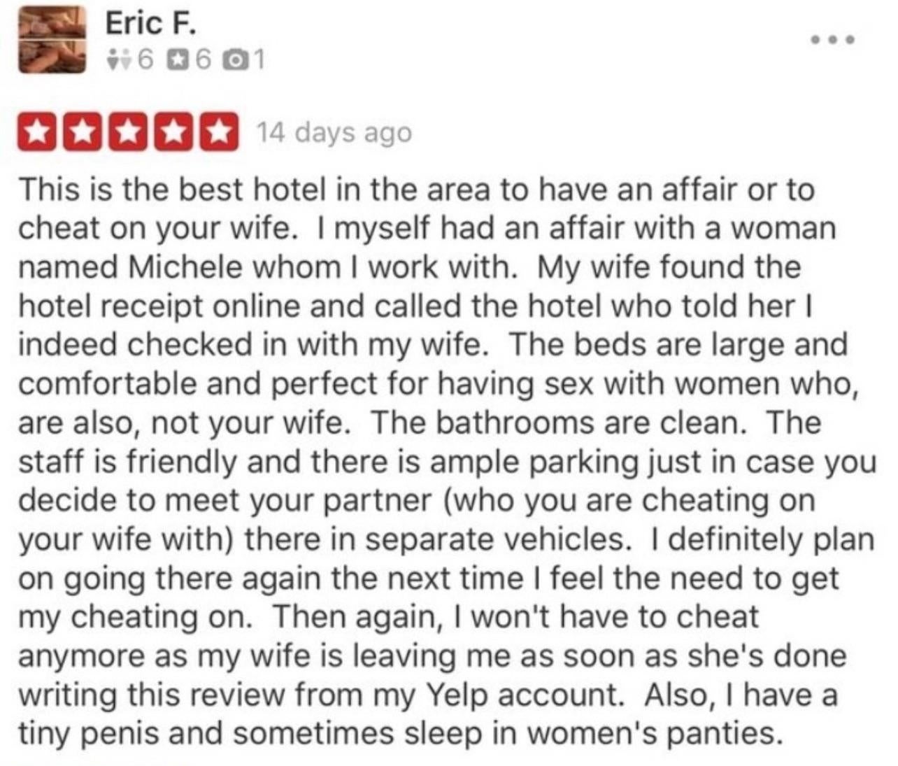 Yelp review describing infidelity in a hotel. The reviewer states he had an affair and plans future visits. Comments show reactions: Useful 10, Funny 15, Cool 8