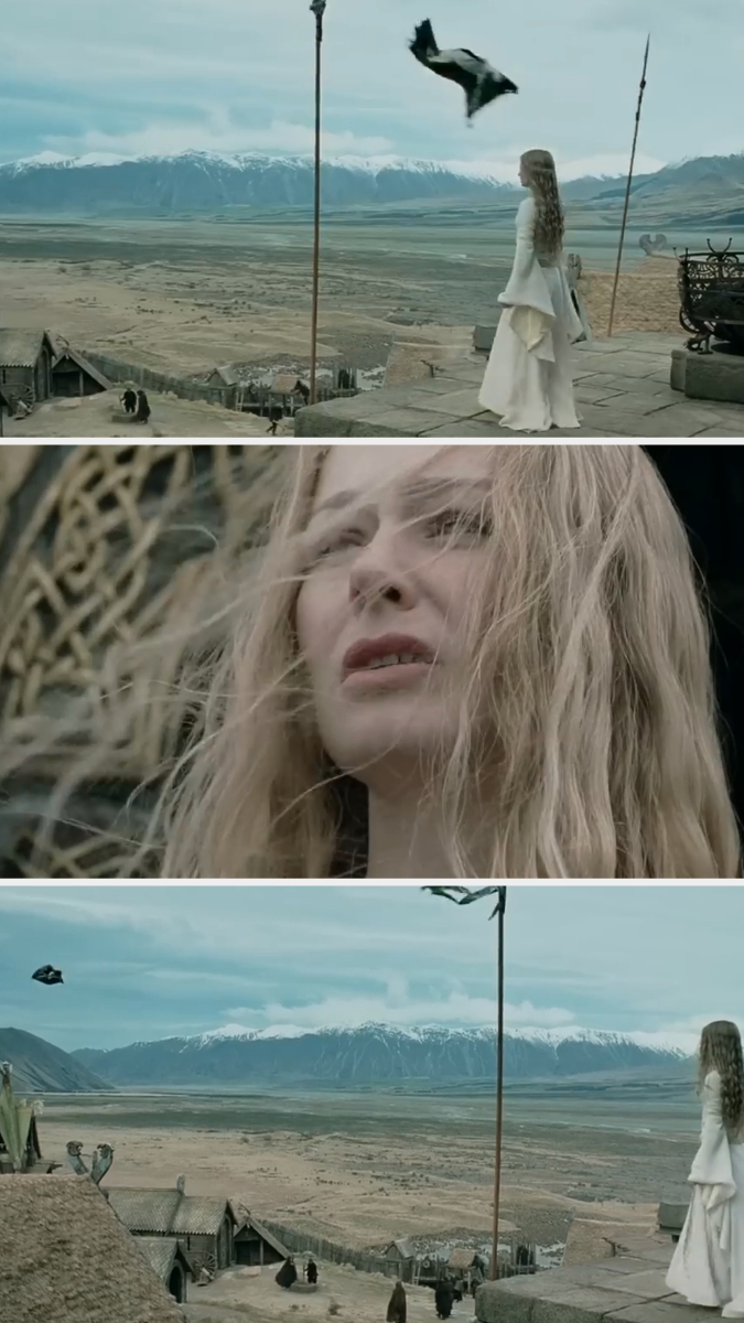 Three scenes from a film show Éowyn, played by Miranda Otto, standing on a terrace in a mountainous landscape as a bird flies away