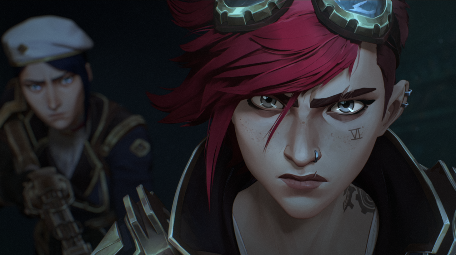 Animated characters Vi and Caitlyn from Arcane, Vi in front with determined expression, Caitlyn holding rifle in the background
