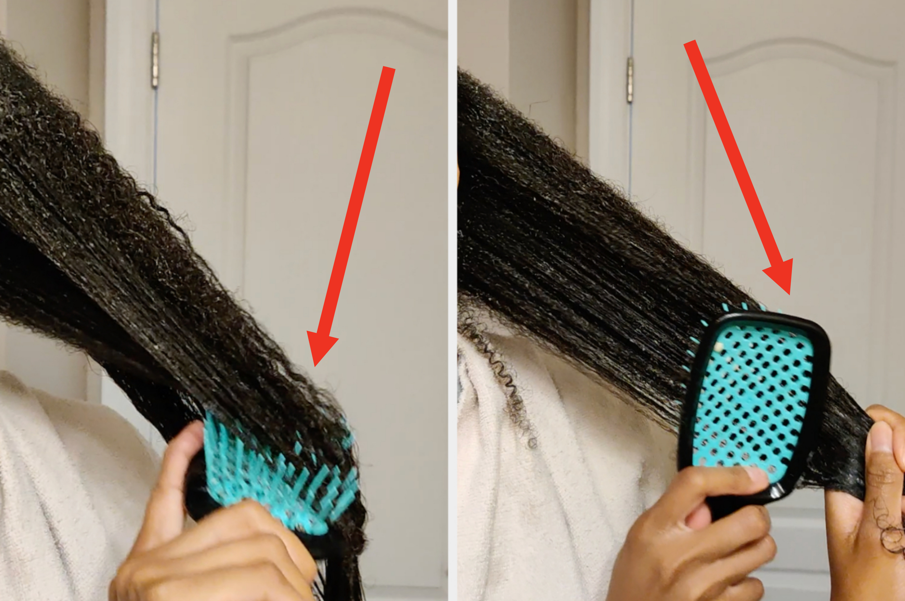 Me detangling my natural curly hair with a blue brush