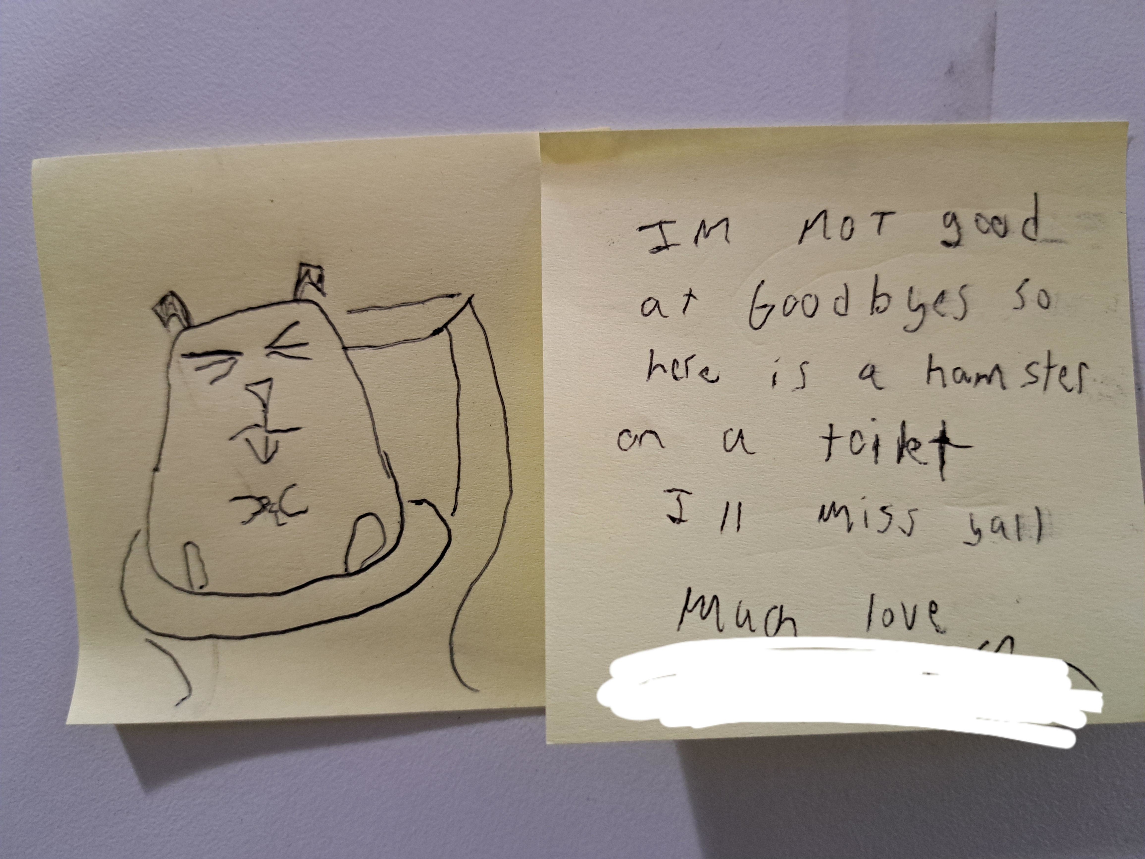 A hand-drawn doodle of a hamster on a toilet is next to a note that says, "I'm not good at goodbyes, so here is a hamster on a toilet. I'll miss y'all. Much love."