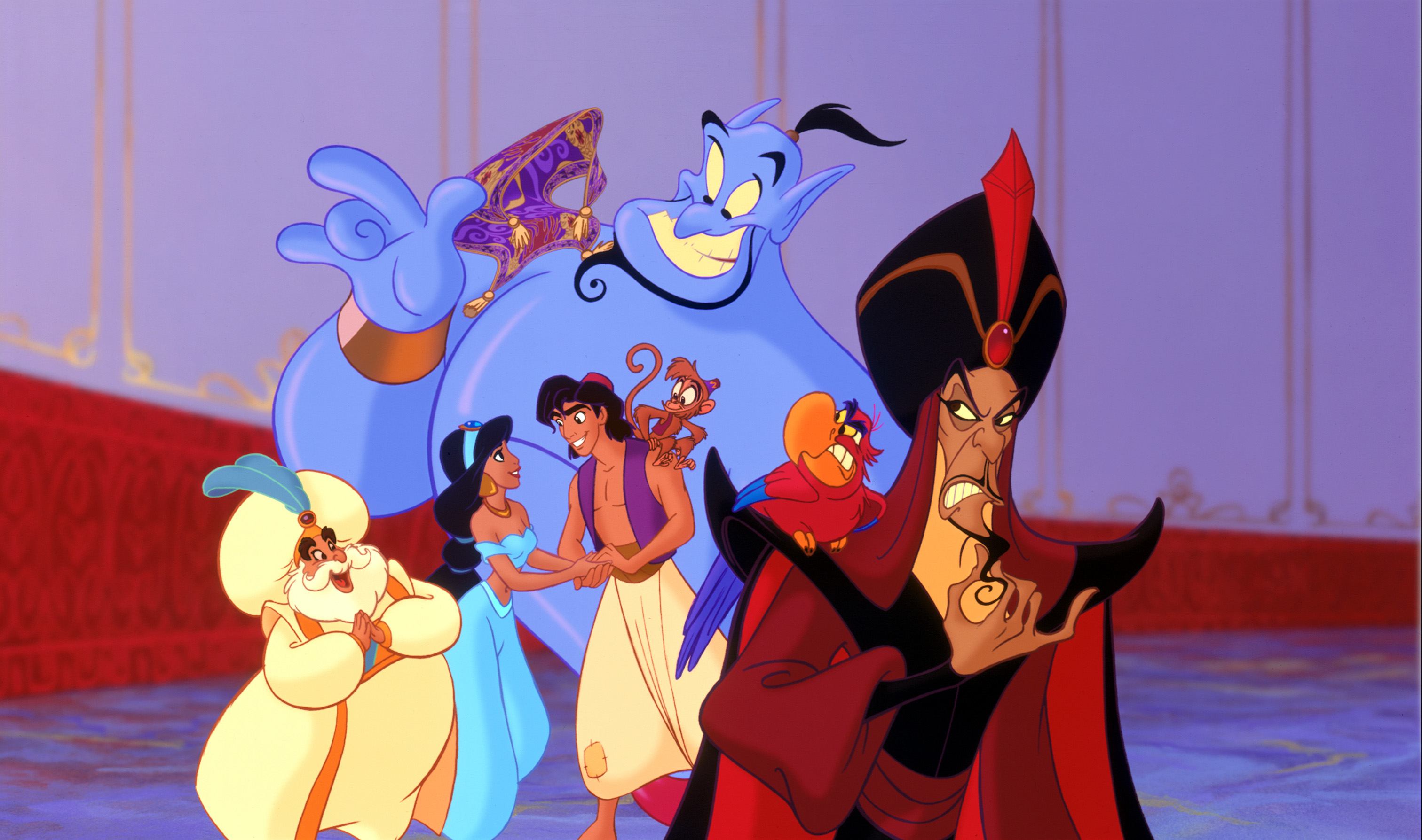 Aladdin characters: Genie, Jafar, Aladdin, Princess Jasmine, Abu, Sultan, and Iago in a palace setting