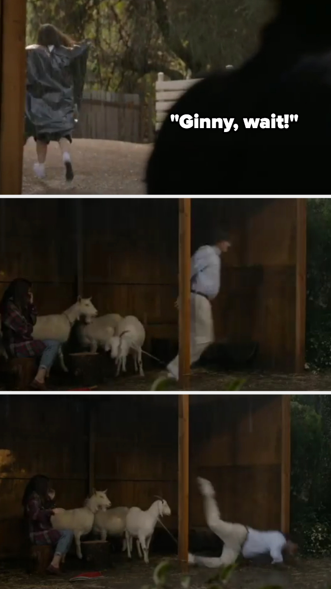 Three image frames scene: Ginny runs away in a storm. A person calls out "Ginny, wait!" In a barn, a boy trips and falls in front of someone tending goats