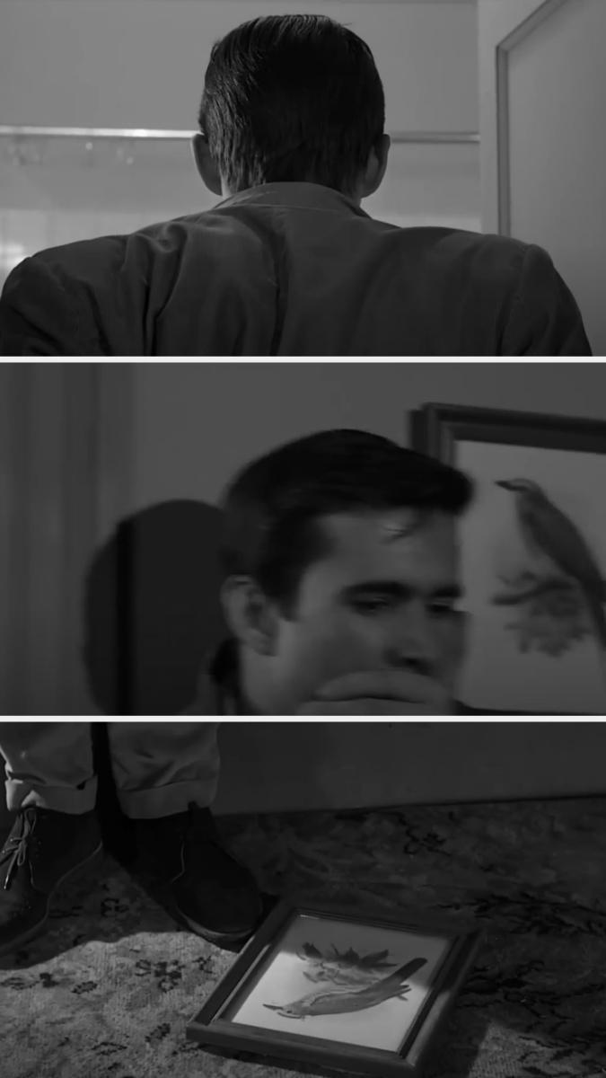 A man stands with his back to the camera, then looks to the side at a picture on the wall, and in the last frame, the picture lies broken on the floor