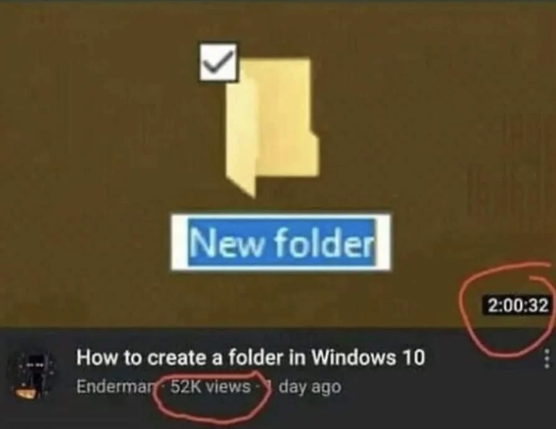 Screenshot of a YouTube video titled "How to create a folder in Windows 10" by Enderman with 52k views, 2:00:32 duration, posted a day ago
