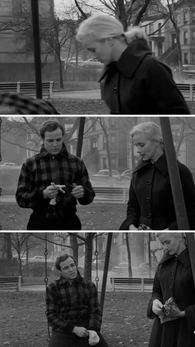 Marlon Brando and Eva Marie Saint in a park, chatting and exchanging items while sitting on a swing set, in scenes from a classic film