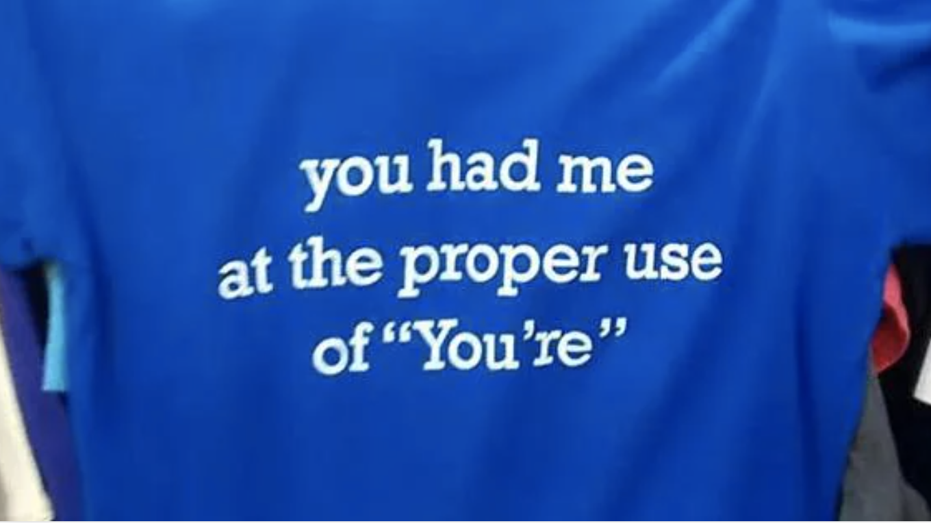 T-shirt with text: "you had me at the proper use of 'You're'"