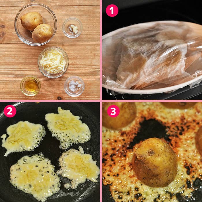 テーブル上にジャガイモ、バター、塩、酒、チーズ。調理過程でジャガイモを電子レンジ、フライパンで加熱し、最後に焼き色をつける手順。