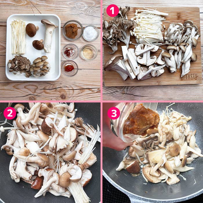 さまざまな種類のキノコを使った料理の手順。1番でキノコを切り、2番でキノコを炒め、3番で調味料を追加しています。