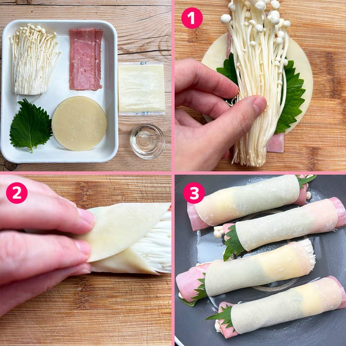 エノキとハムの餃子の作り方。ステップ1: 餃子の皮に具材を並べる。ステップ2: 皮を具材で巻く。ステップ3: 巻いた餃子を焼く。