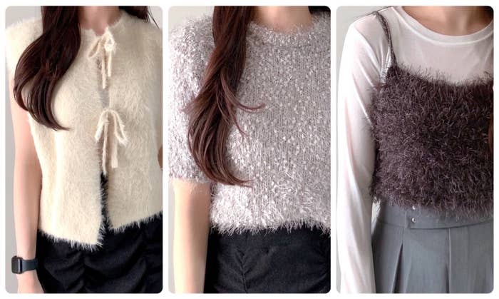 しまむらのおすすめアイテム「TT＊HKポンシャギーPO」「ラメフェザーニットビスチェ」「TT＊HKシャギーリボンV」