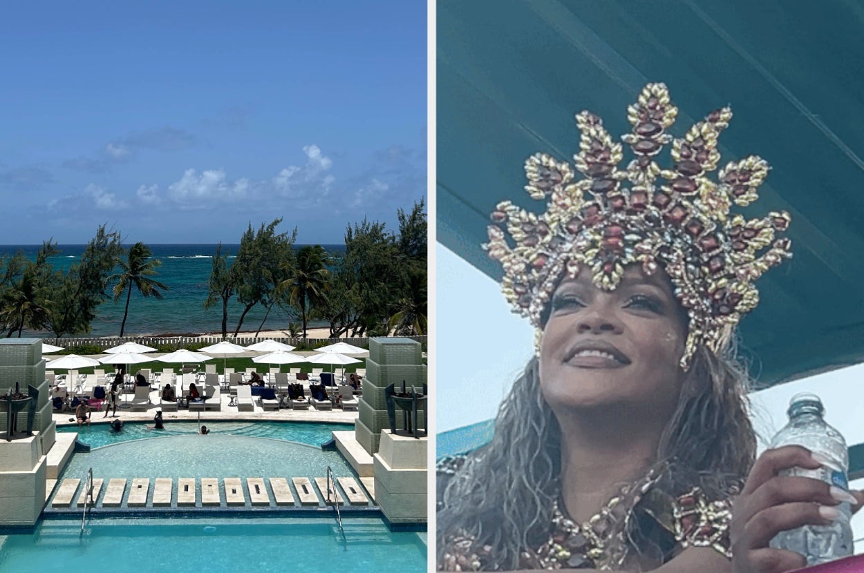 A scenic beachside resort with a pool. Beside it, a person in a jeweled headdress and elaborate costume smiles while holding a drink