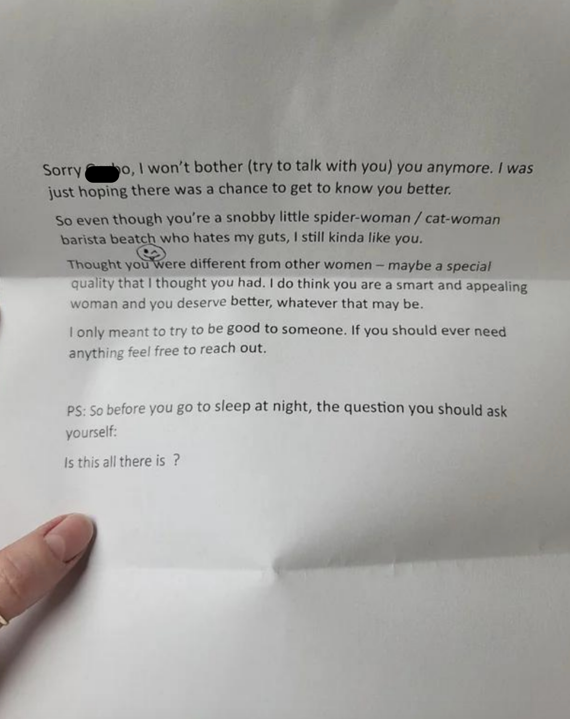 A printed letter with text expressing a person’s disappointment about not getting to know someone better, ending with a question, “Is this all there is?”