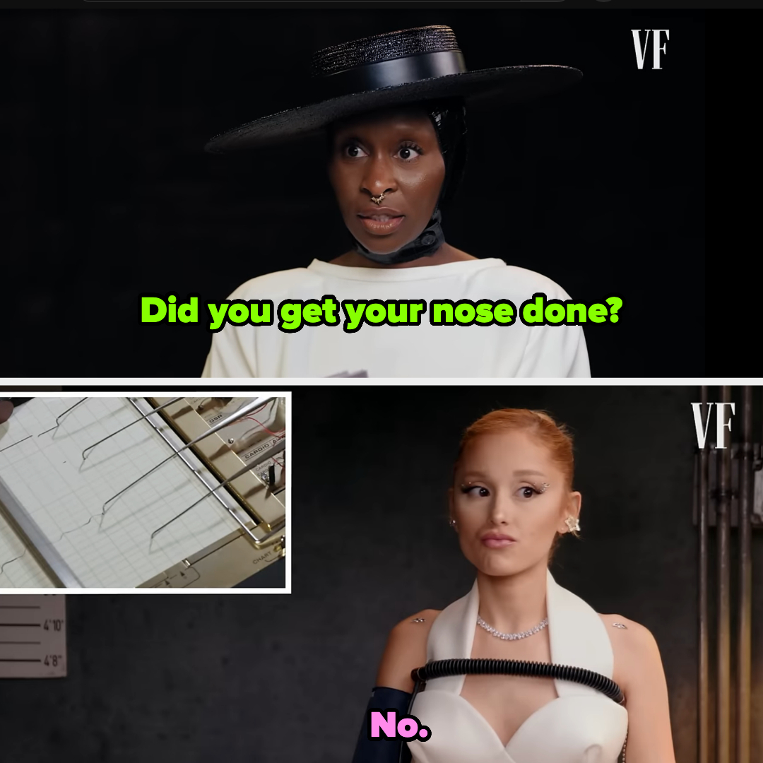 Cynthia Erivo and Ariana Grande in a Vanity Fair interview. Top text: "Did you get your nose done?" Bottom text: "No." Image also shows a polygraph machine