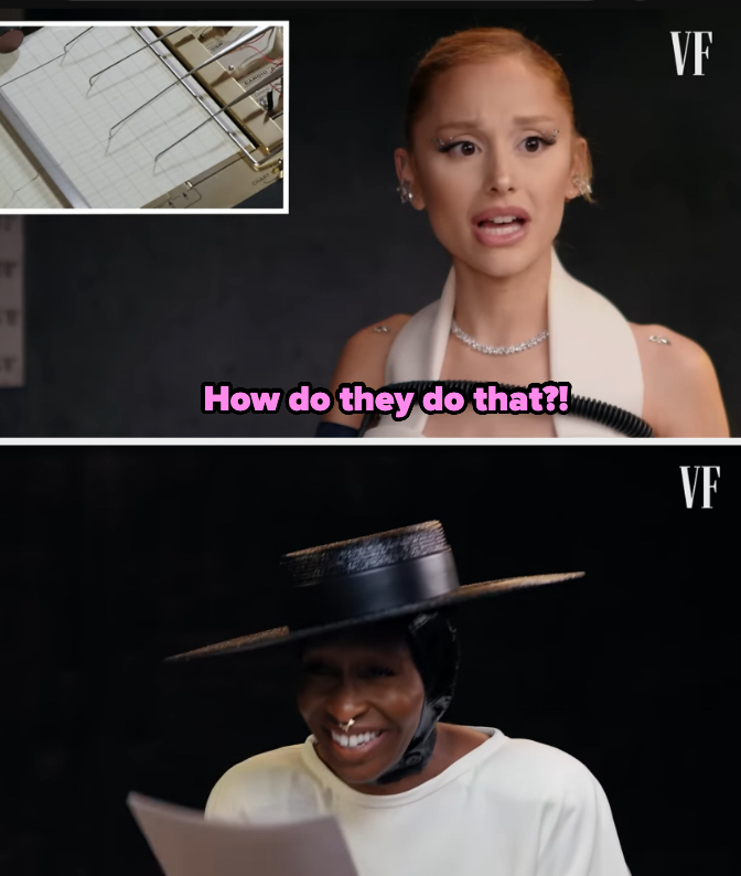 Ariana Grande and Cynthia Erivo reacting with surprise and amusement in an interview setting, as seen in a still from the video