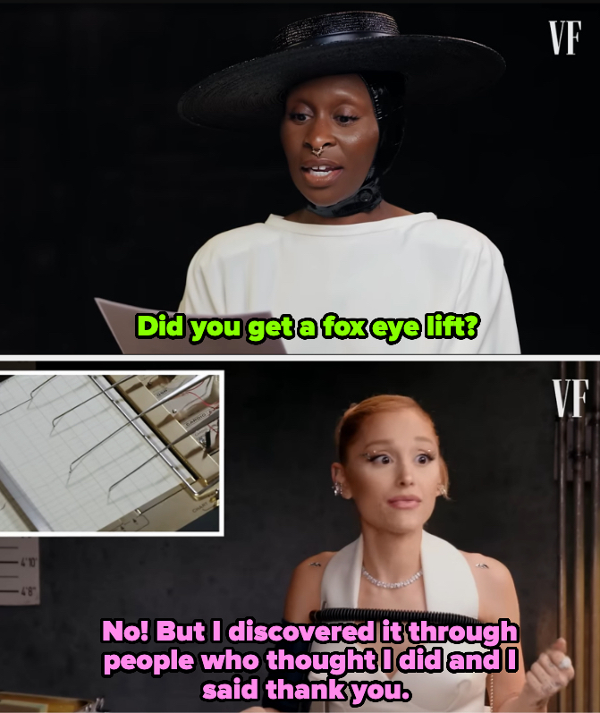 Cynthia Erivo in a hat asks Ariana Grande about a fox eye lift. Ariana denies it and explains how she discovered it through others