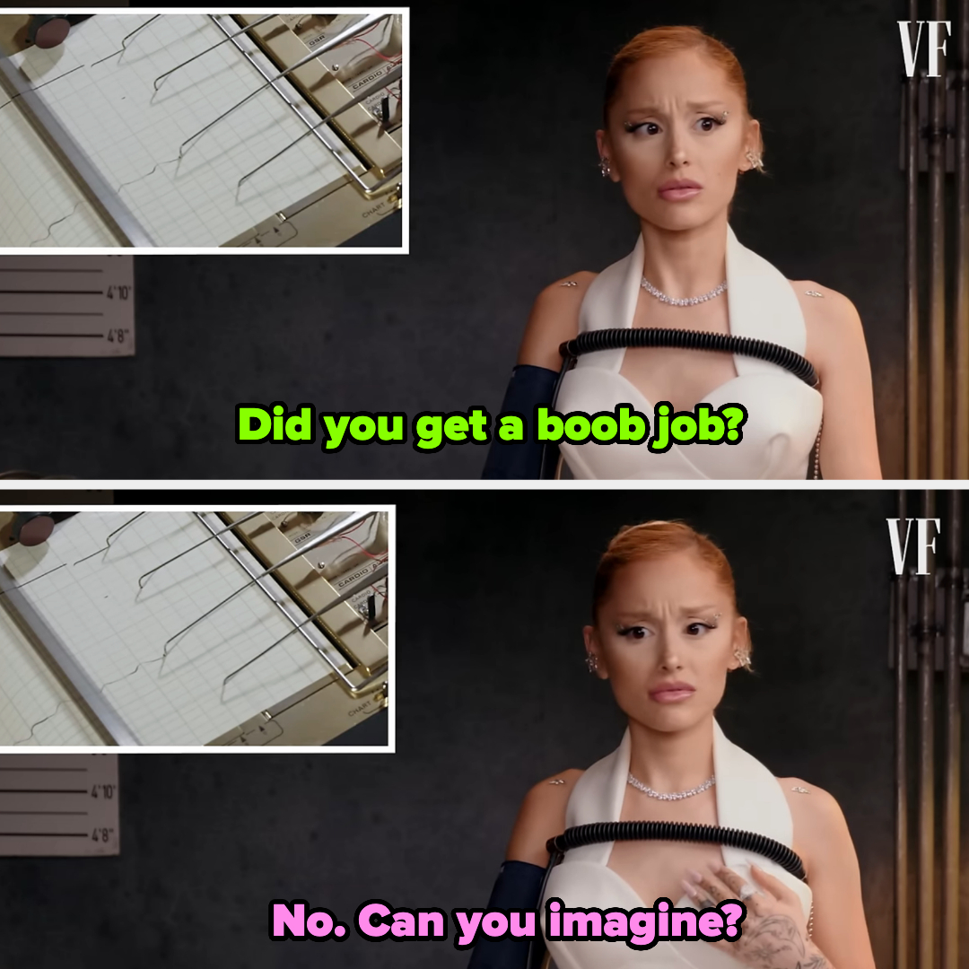 Ariana Grande in a split panel. Top: She is asked, "Did you get a boob job?" Bottom: She responds, "No. Can you imagine?" A polygraph machine is visible