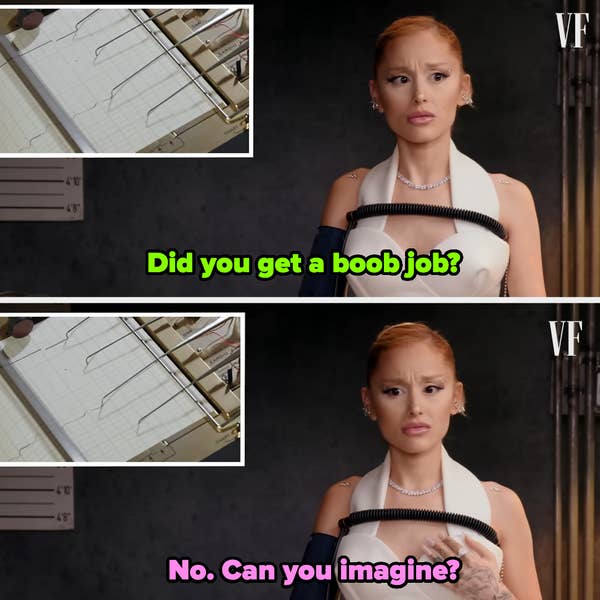 Ariana Grande in a split panel. Top: She is asked, &quot;Did you get a boob job?&quot; Bottom: She responds, &quot;No. Can you imagine?&quot; A polygraph machine is visible