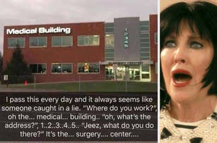 Image of a medical building with the text "Medical Building" and the address "12345" on the facade. Inset, a surprised woman with short black hair reacts. Text at the bottom jokes about the building's name and address