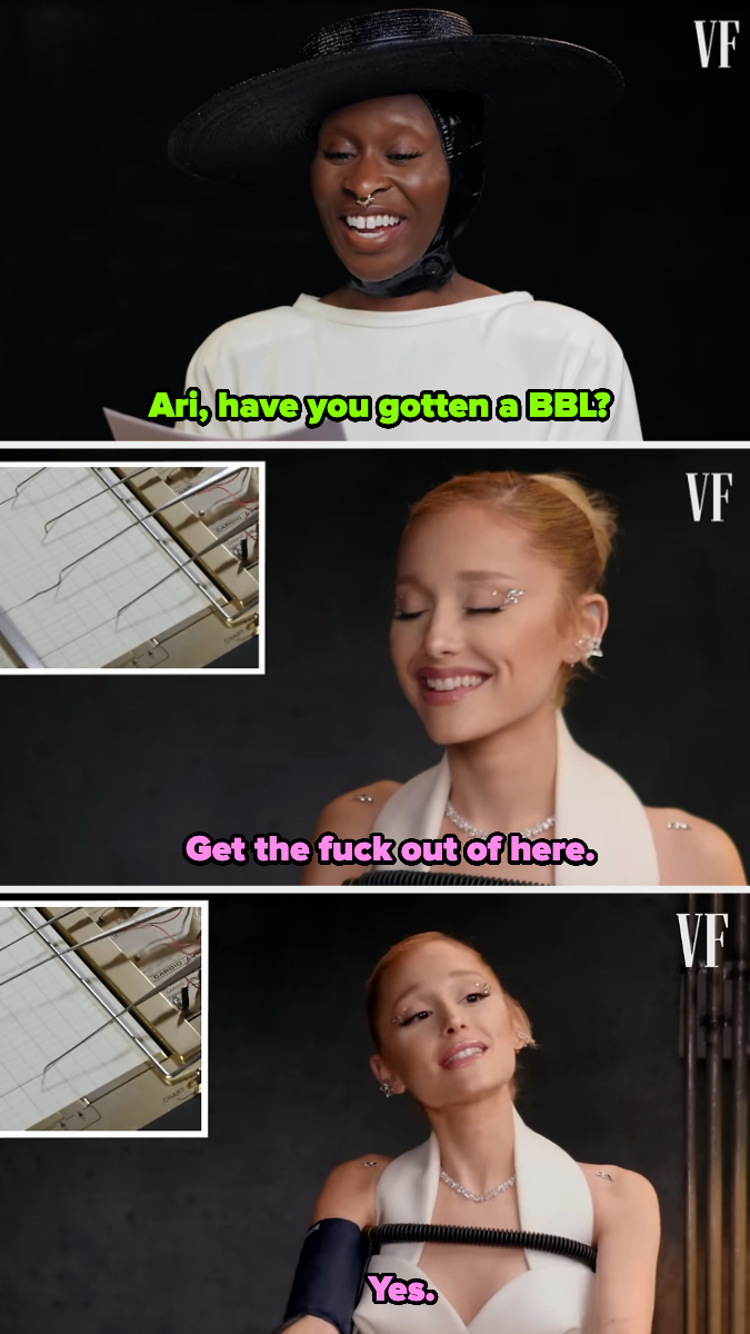 Cynthia Erivo in a dark hat asks Ariana Grande if she has gotten a BBL. Ariana Grande responds humorously, then confirms with a "Yes" in an interview