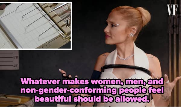 Gwen Stefani during a lie detector test, holding the cables and shrugging, with the quote: &quot;Whatever makes women, men, and non-gender-conforming people feel beautiful should be allowed.&quot;
