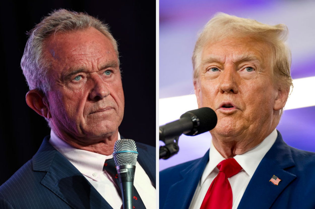 Robert F. Kennedy Jr. and Donald Trump are speaking at separate events, each holding a microphone