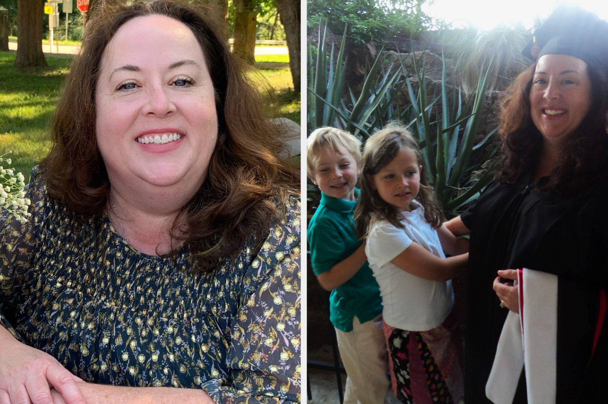 A woman in a floral top smiles outdoors on the left. On the right, the same woman is in a graduation gown with a cap, accompanied by two young children