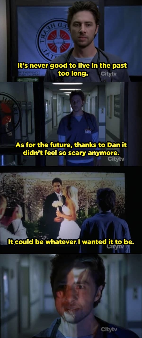 A scene from the TV show "Scrubs" featuring Zach Braff as J.D. reflecting on the past and future, with flashbacks of significant moments including a wedding