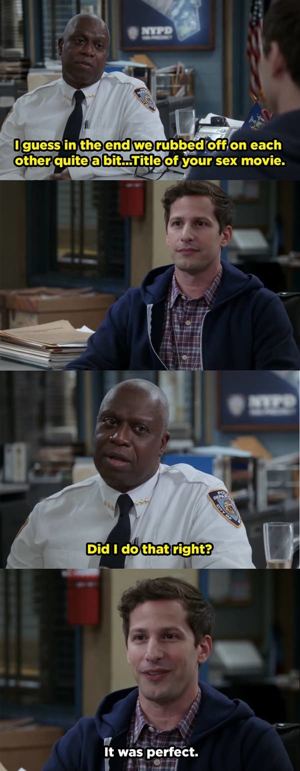 Captain Holt and Jake Peralta from "Brooklyn Nine-Nine" discussing funny dialogue in an office. Holt asks if he did it right, Jake confirms it was perfect
