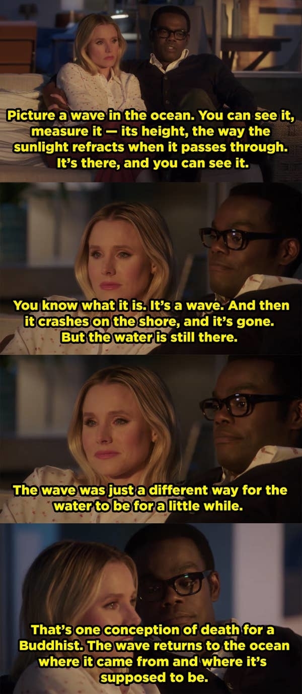 Kristen Bell and William Jackson Harper, sitting together, contemplate the metaphor of a wave in the ocean as an analogy for life and death