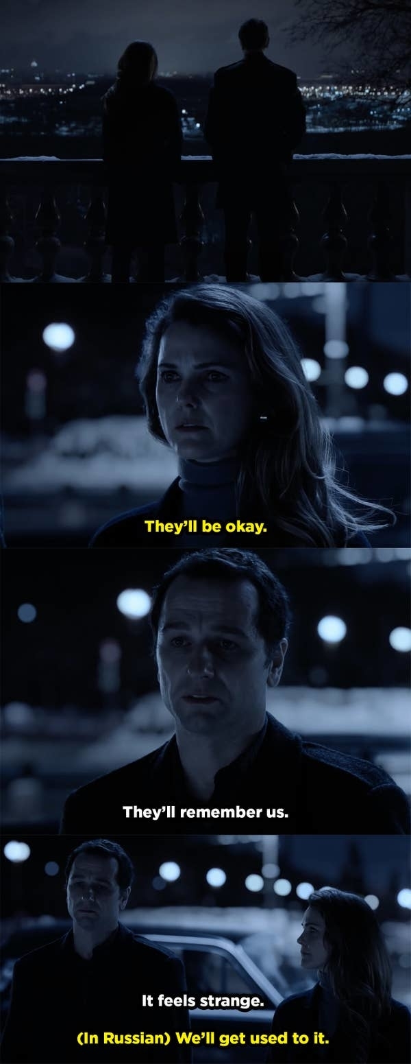 Keri Russell and Matthew Rhys in a dimly lit scene from "The Americans," standing together on a balcony at night, with text dialogue: "They'll be okay." "They'll remember us." "It feels strange." "(In Russian) We'll get used to it."
