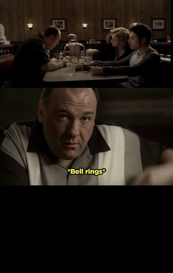 Tony Soprano, Carmela Soprano, and A.J. Soprano are having dinner in a diner booth from "The Sopranos." Tony looks up as the bell rings