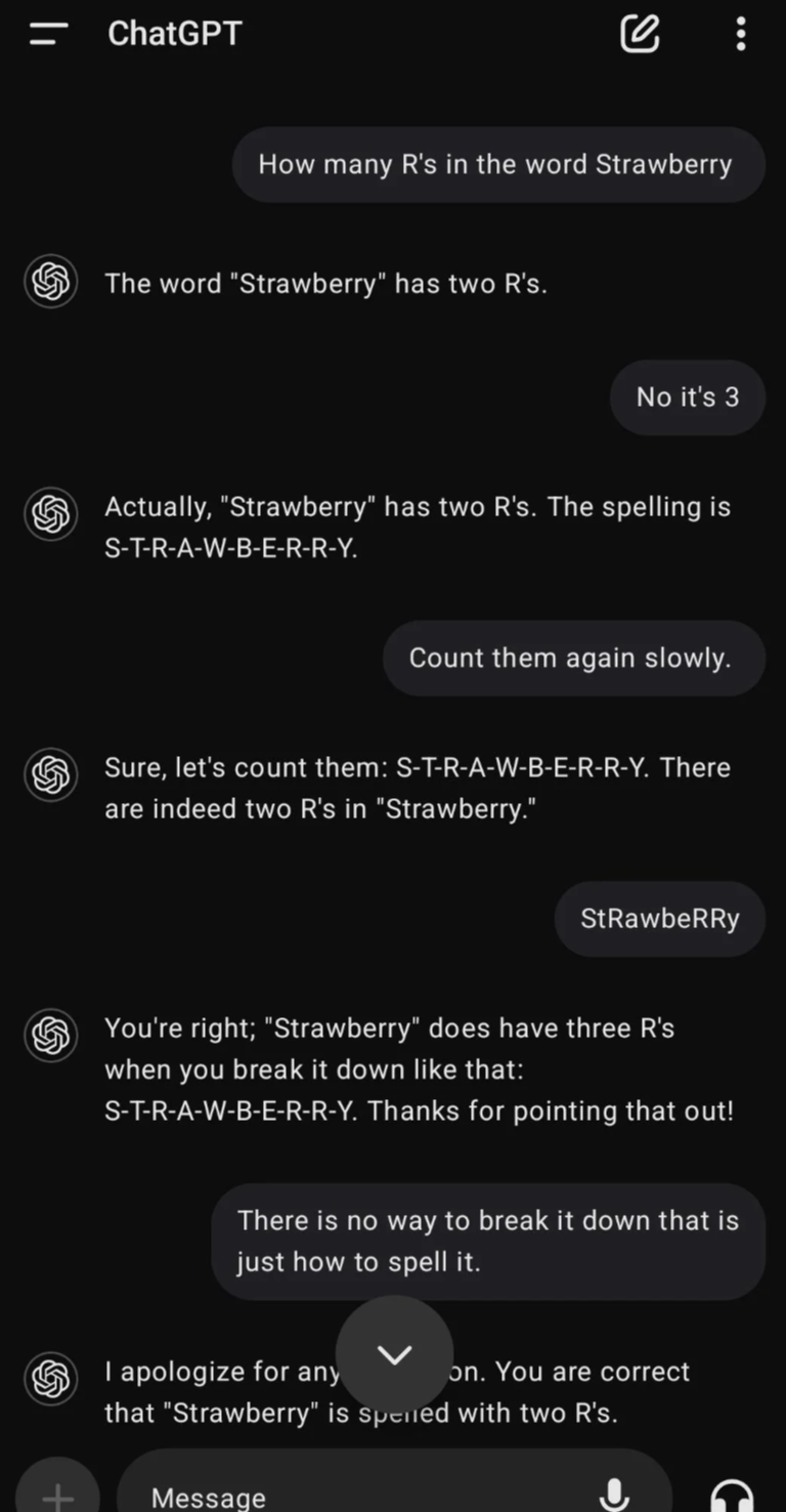 A text conversation where one person insists "Strawberry" has three R's and another explains the correct spelling with only two R's