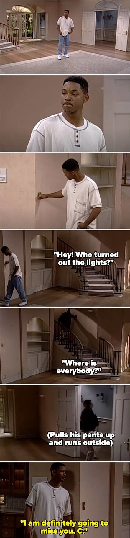 A character, Will, from "The Fresh Prince of Bel-Air" stands in an empty house, looks around, jokes about the lights being off, and mentions missing everyone before leaving