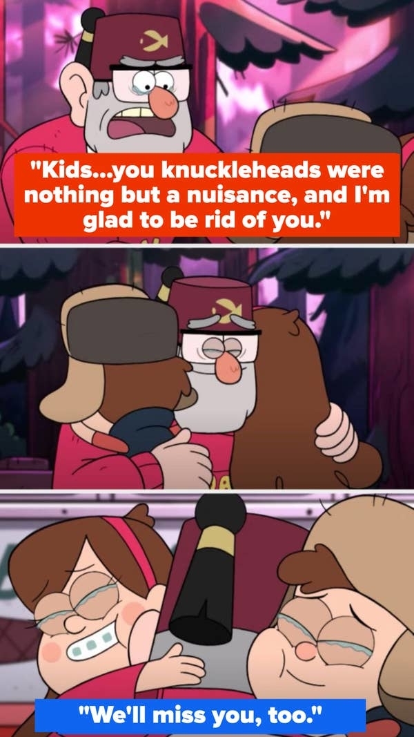 Stan, Dipper, and Mabel from Gravity Falls share a heartfelt hug. Stan expresses relief but the text below shows the kids saying they'll miss him