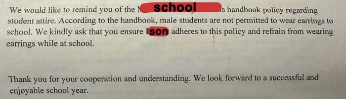 Letter reminding parents of a school policy prohibiting male students from wearing earrings. The words "school" and "son" are highlighted