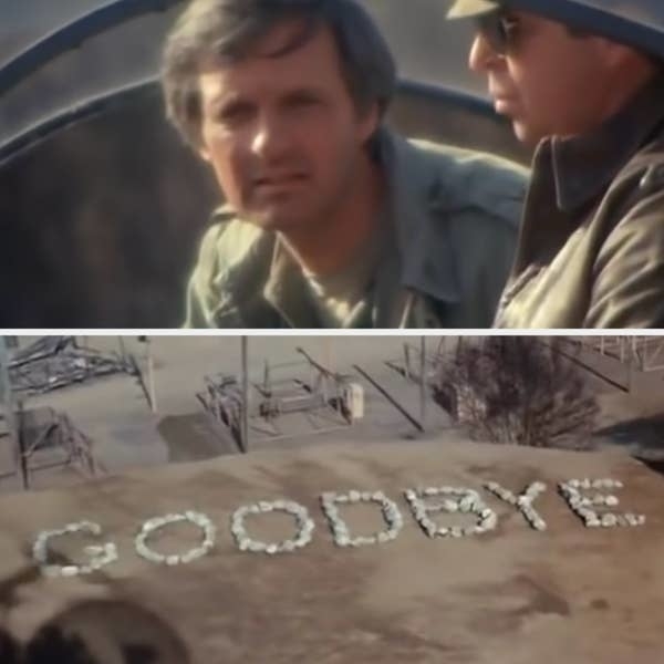 Alan Alda and Mike Farrell in military attire sit in a helicopter (top); stones on the ground spell "GOODBYE" (bottom)