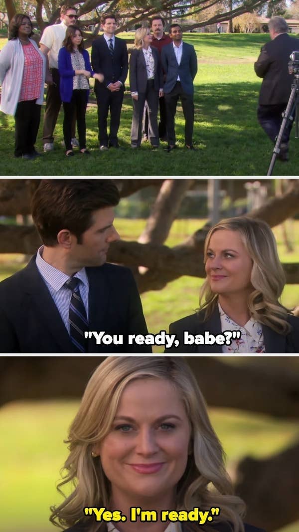 The image shows characters from Parks and Recreation. Top: group photo. Middle: Adam Scott and Amy Poehler exchanging dialogue. Bottom: Amy Poehler close-up