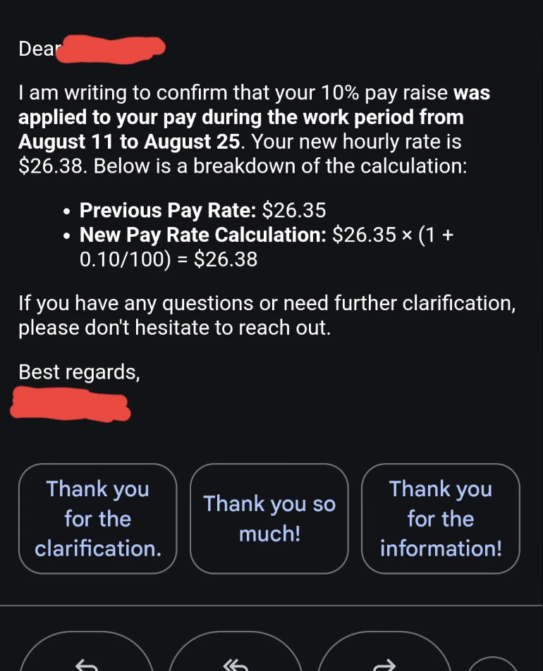Letter confirming a 10% pay raise applied from August 11 to August 25, detailing new hourly rate and calculation. Four response buttons: clarification, thanks, and information