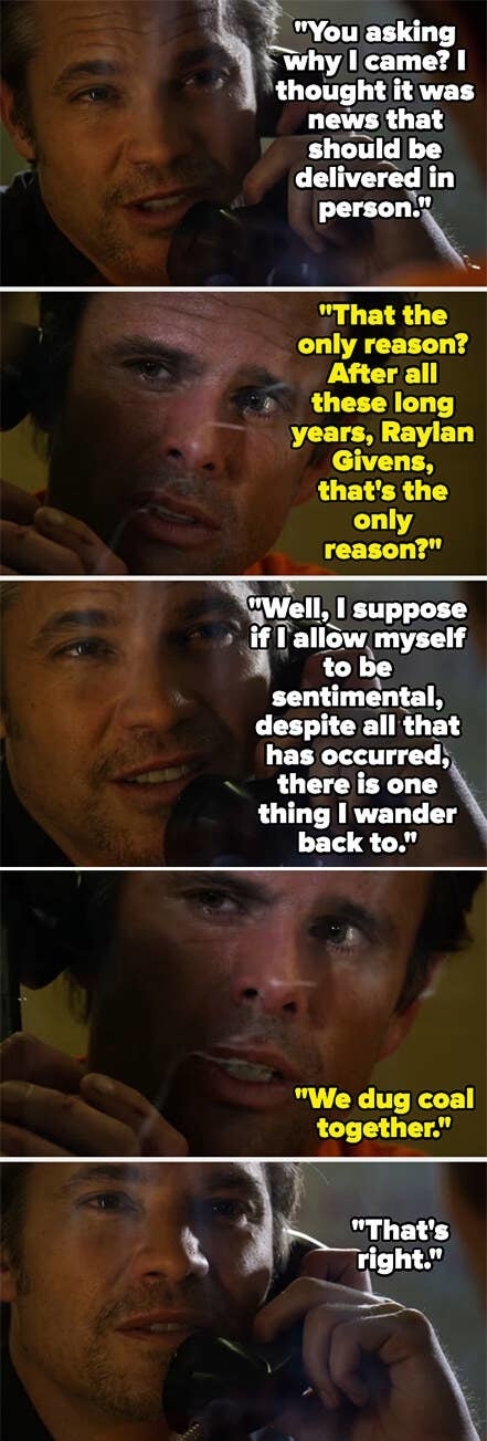 Timothy Olyphant and Walton Goggins in a scene from "Justified," featuring dialogue about the significance of Raylan's visit and their shared history of digging coal