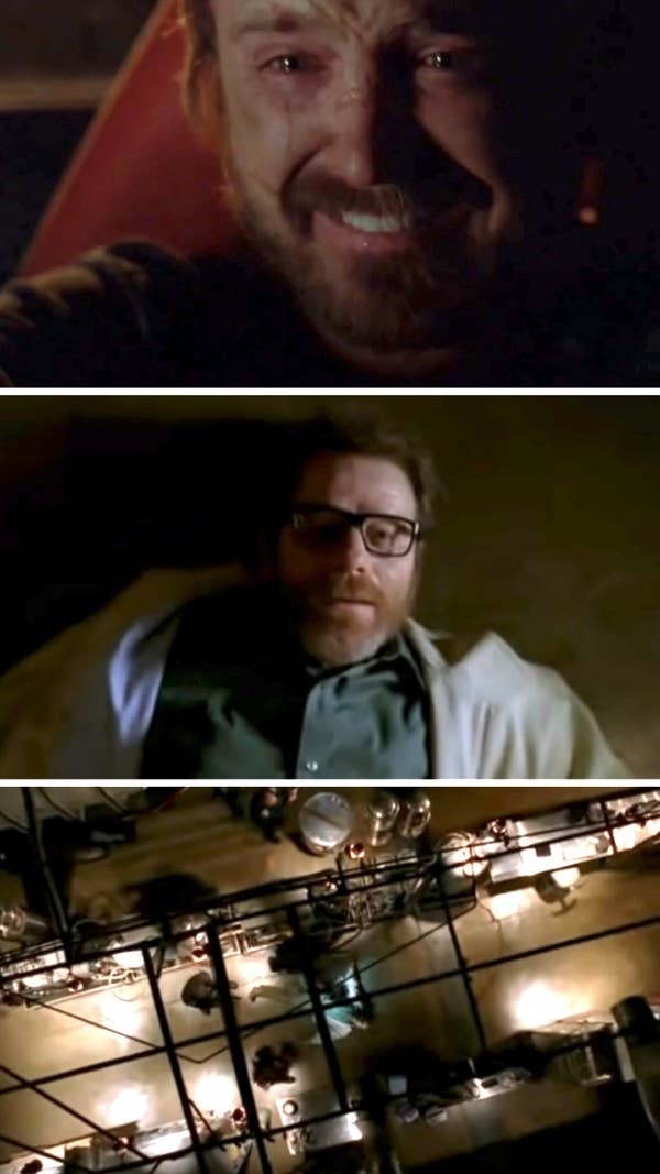 Top to bottom: Bryan Cranston as Walter White, tearful; Bryan Cranston lying on the ground; overhead view of a meth lab