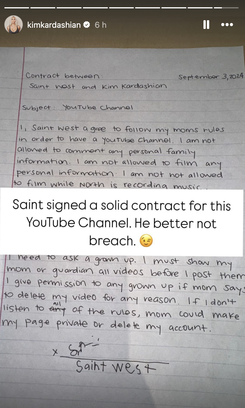 Handwritten contract signed by Saint West and Kim Kardashian, dated September 3, 2024, regarding rules for Saint&#x27;s YouTube channel. Summary: Saint must follow his parents&#x27; rules regarding his YouTube channel and not share personal information