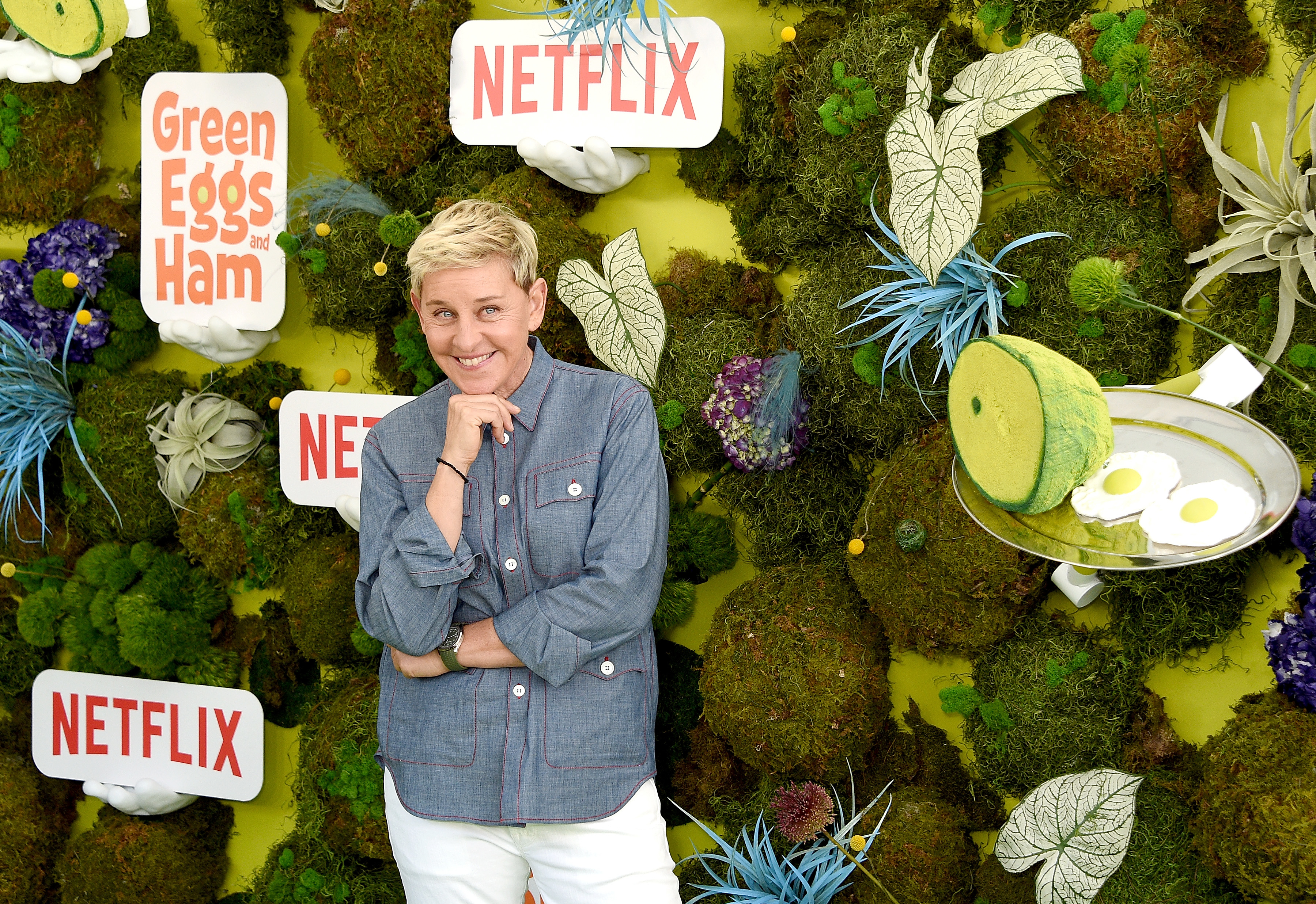 Ellen DeGeneres stands in front of a photo wall with "Green Eggs and Ham" and Netflix signage, smiling and wearing a casual blue shirt