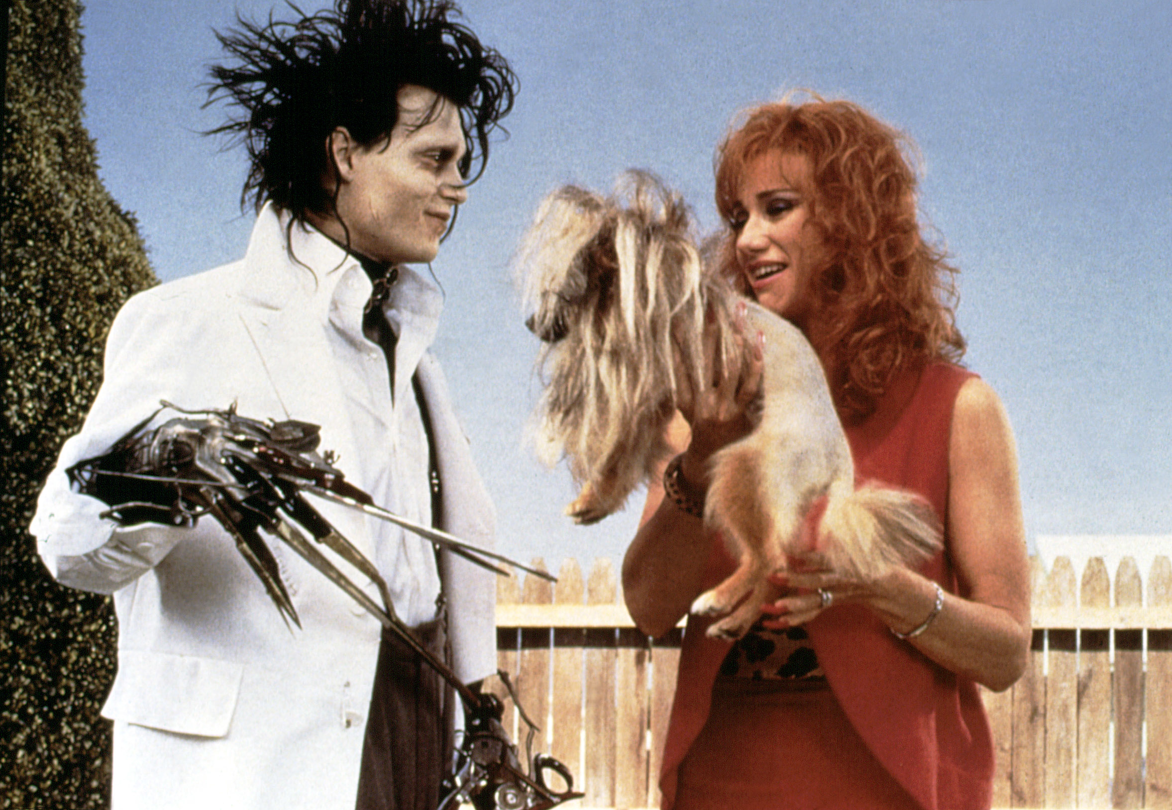 Johnny Depp as Edward Scissorhands and Dianne Wiest as Peg Boggs share a moment with a dog in an outdoor scene from the movie &quot;Edward Scissorhands.&quot;