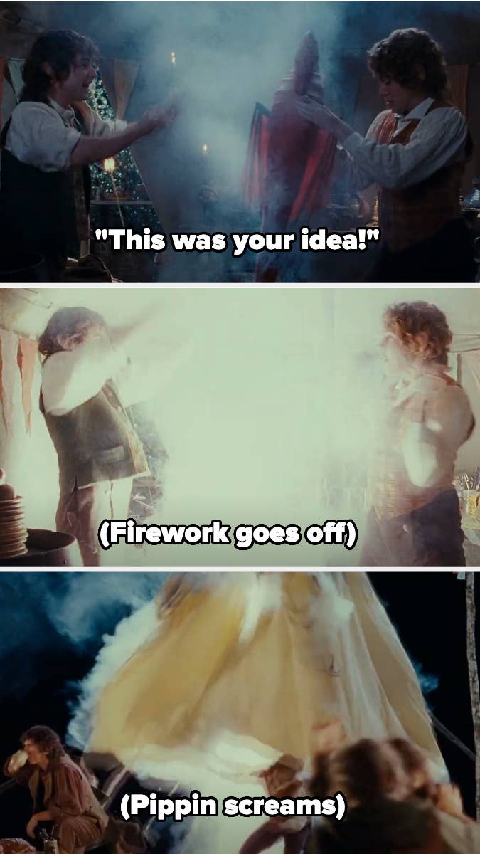Three scenes from "The Lord of the Rings" movie showing Merry and Pippin accidentally setting off a firework indoors. Pippin screams as it goes off