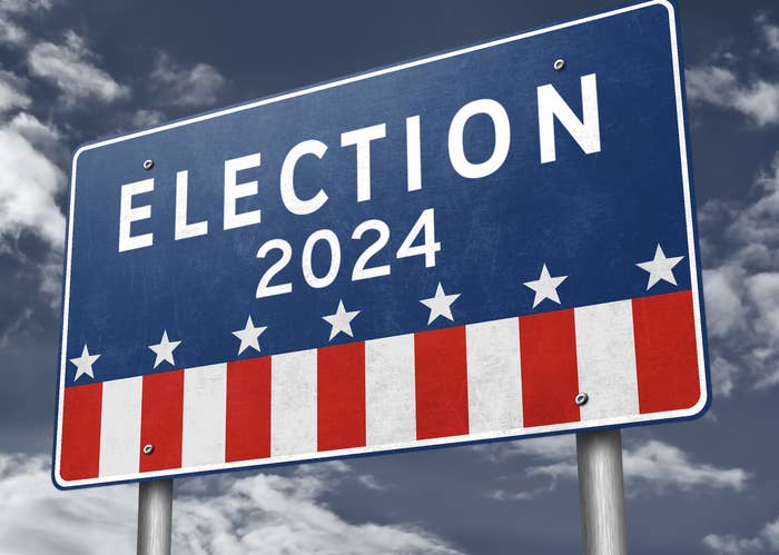 Sign reads &quot;Election 2024&quot; with stars and stripes design below. Background shows a cloudy sky