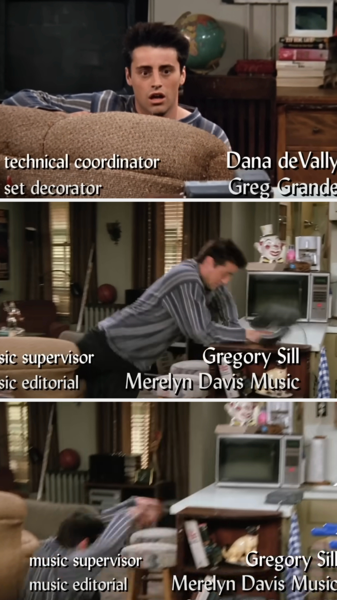 Matt LeBlanc as Joey Tribbiani is surprised on a couch in the first scene, falls over in the second, and angrily moves a microwave in the third